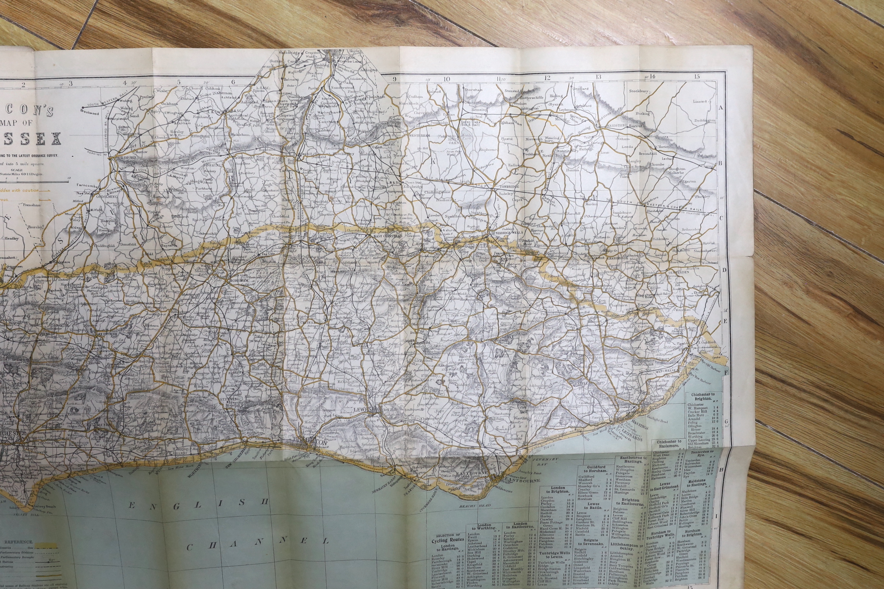 Seven 19th and 20th century folding maps of Sussex; a Pocket County Map series, pub. Chapman and Hall, a Cruchley’s County Map, a Gall & Inglis County Map, a Letts Son & Co. map, a Bacon’s County Map, a Bartholomew’s map